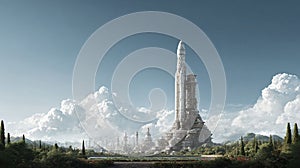 A futuristic rocket stands tall amidst a serene, architectural landscape under a vast, cloudfilled sky. Represents progress,