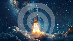 Futuristic rocket taking off illustration, beautiful visualization of a spaceship landing, interplanetary species concept, rocket photo