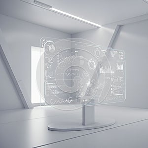 Futuristic room featuring a transparent digital display projecting various data charts