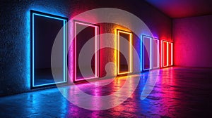 Futuristic room with neon-lit doorways in vibrant colors