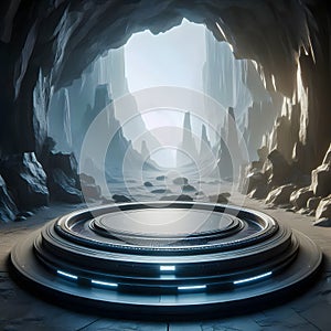 Futuristic round podium or pedestal in a mysterious cave, display or showcase mockup for product presentation