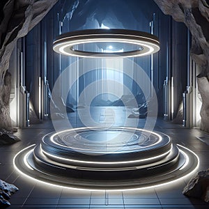 Futuristic round podium or pedestal in a mysterious cave, display or showcase mockup for product presentation photo