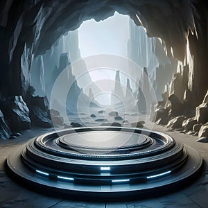 Futuristic round podium or pedestal in a mysterious cave, display or showcase mockup for product presentation photo