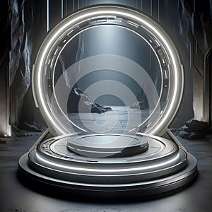 Futuristic round podium or pedestal in a mysterious cave, display or showcase mockup for product presentation photo