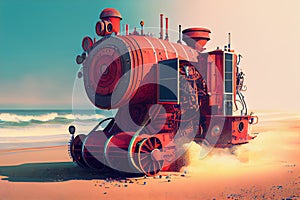 futuristic rusty metal steam mechanism on the seashore. Generative AI, Generative, AI