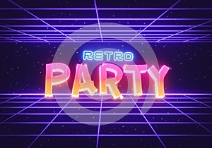 Futuristic 80s style retro party background. Sci-Fi neon style banner, poster. 3d rendering