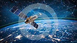 Futuristic satellite enabling global online connectivity and gps navigation around earth