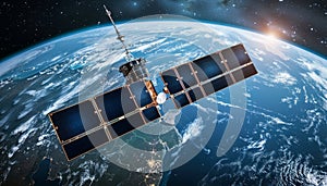 Futuristic satellite with holographic data for global connectivity and gps orbiting earth