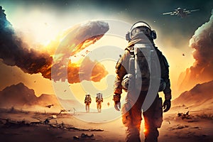 Futuristic scene with astronauts in space exploring a planet. AI generative 