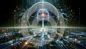 A futuristic scene combining elements of advanced technology and human consciousness.