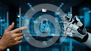Futuristic Interface with Human and Robot Hands Interacting with Digital Lock, Symbolizing Cybersecurity and Technology