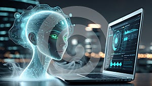 Newest internet technologies connect with advanced computer systems and an android robot displaying binary code. photo