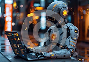 Humanoid Robot Working on a Laptop