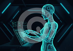 Futuristic scene featuring a humanoid robot interacting with a digital touchscreen