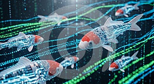 Digital Koi Fish Swimming Through Binary Code Data Streams, Future Technology Concept