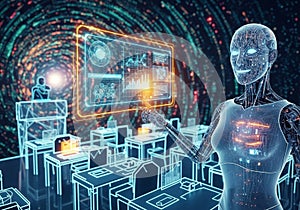 Futuristic scene with a humanoid robot interacting with a digital interface displaying graphs and