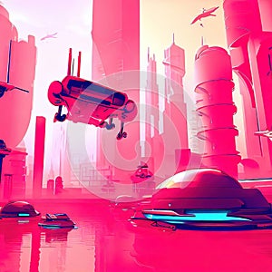 futuristic scene with skyscrapers, hovercrafts and robots, generated Ai