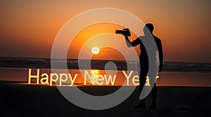 Futuristic Sci-Fi Beach Sunset with Glowing Happy New Year