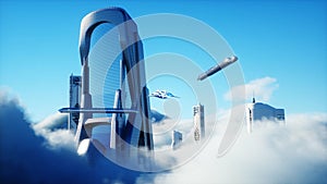 Futuristic sci fi city in clouds. Utopia. concept of the future. Flying passenger transport. Aerial fantastic view. 3d