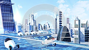 Futuristic sci-fi city street view, 3d digitally rendered illustration photo
