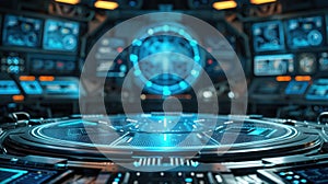 Futuristic Sci-Fi Control Room with Glowing Interface and Rotating Platform