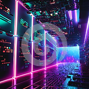 Futuristic sci-fi corridor with neon lights. Abstract 3d rendering AI Generated