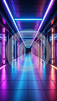 Futuristic Sci Fi Corridor with Neon Lights and Reflections