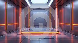 Futuristic Sci Fi Corridor with Orange Neon Lights and Platform