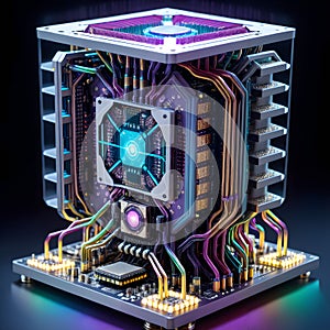 Futuristic Sci-Fi CPU: Neon Lights, Transparent Case, and Advanced Cooling Design