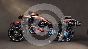 Futuristic sci fi custom motorcycle concept with studio background