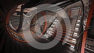 Futuristic sci-fi cyberpunk underground tunnel with steps leading to an exit. 3D illustration