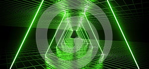 Futuristic Sci Fi Dark Club Dance Triangle Shaped Neon Lights Glowing Toxic Green In Empty Reflective Mesh Grid Metal Elegant