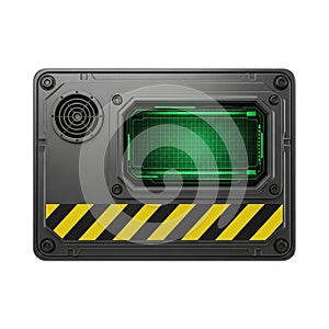 Futuristic Sci- Fi Device with Green Screen and Warning Stripes sci-fi technology