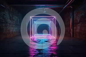 Futuristic sci fi elegant modern neon glowing rectangle frame shaped lines tubes purple pink blue colored lights in dark empty gru