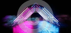 Futuristic Sci Fi Empty Smoke Fog Neon Glowing Vibrant Ultraviolet Triangle Shaped Metal Structure Glowing Purple Blue Lights On