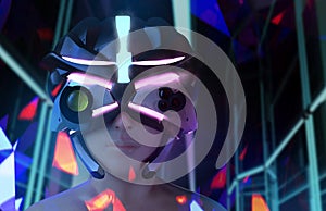 Futuristic sci-fi female face in helmet with neon background