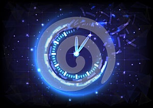 Futuristic Sci-Fi glowing HUD clock fading. Abstract time machine and polygon hi-tech background. Data computer of head-up display