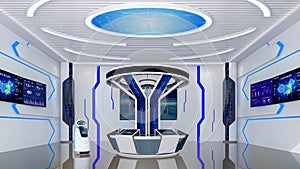 Futuristic Sci-Fi Hallway Interior with Information Desk, Smart Robot and Monitor Screen on Wall, 3D Rendering