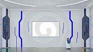 Futuristic Sci-Fi Hallway Interior with smart Robot and Monitor Screen on Wall, 3D Rendering