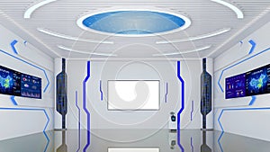 Futuristic Sci-Fi Hallway Interior with smart Robot and Monitor Screen on Wall, 3D Rendering