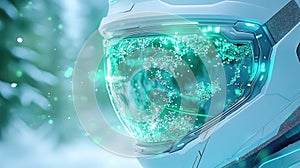 Futuristic sci-fi helmet with digital interface in snowy environment