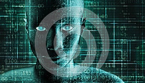 Futuristic and sci-fi human android portrait with pcb metallic skin and binary code green background. AI, IT, technology, robotics