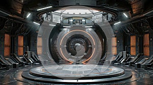 Futuristic Sci-Fi Interior with Circular Platform and Glowing Door