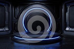 Futuristic sci-fi interior with glowing circular platform