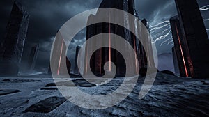 Futuristic sci-fi landscape with towering structures and dramatic lighting