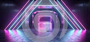 Futuristic  Sci Fi Laser Neon Shapes Glowing Light Vibrant Purple Blue Stage NIght Club Background Grunge Concrete Dark Tunnel