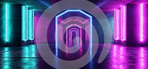 Futuristic  Sci Fi Laser Neon Shapes Glowing Light Vibrant Purple Blue Stage NIght Club Background Grunge Concrete Dark Tunnel