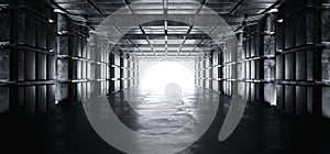 Futuristic Sci Fi Modern Alien Reflective Grunge Concrete Glossy Cube Shaped Rectangle Tunnel Corridor Empty Space White Glow End
