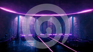 Futuristic Sci-Fi Modern Empty Stage Reflective Concrete Room With Purple And Blue Glowing Neon Tubes Shape Empty Space Wallpaper