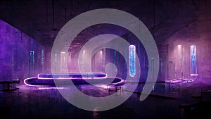 Futuristic Sci-Fi Modern Empty Stage Reflective Concrete Room With Purple And Blue Glowing Neon Tubes Shape Empty Space Wallpaper